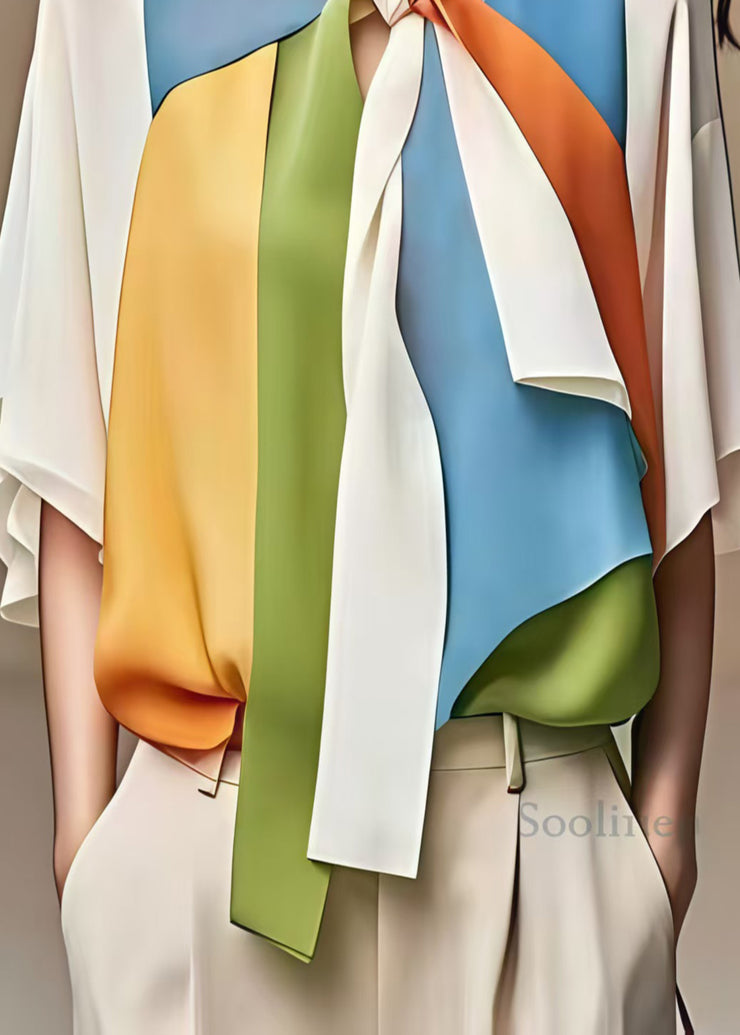 Stylish White Bow Patchwork Chiffon Shirt Half Sleeve