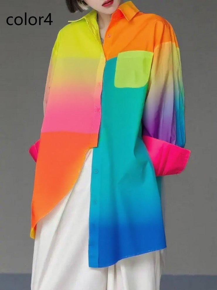 Unique Gradient Color1 Asymmetrical Design Side Open Cotton Long Shirts Spring