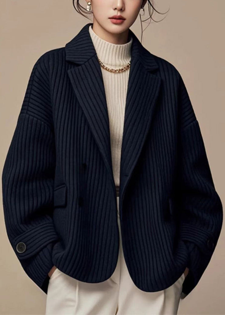French Black Notched Striped Button Spandex Coats Spring