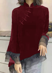 Vintage Yellow Stand Collar Asymmetrical Patchwork Velour Shirt Spring