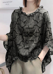 Art Green print Tops Ruffles Trim Half Sleeve Shirts Blouse Plus Size