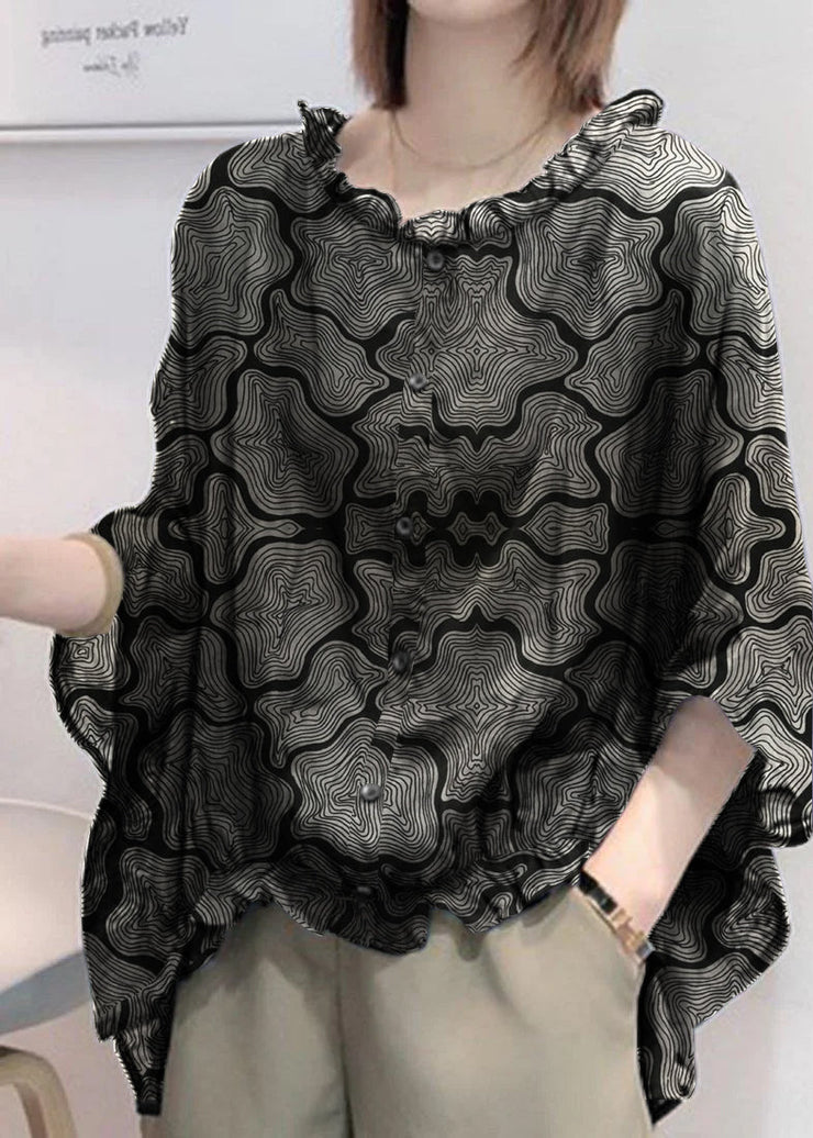 Art Green print Tops Ruffles Trim Half Sleeve Shirts Blouse Plus Size