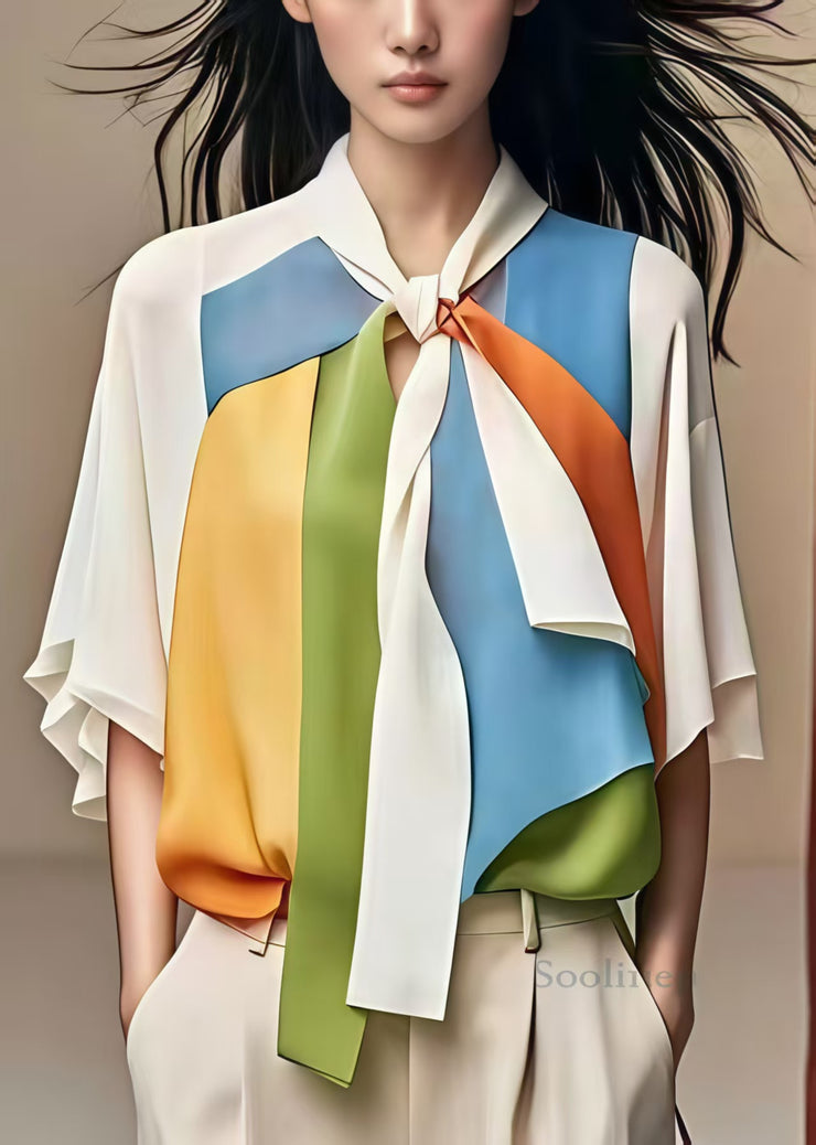 Stylish White Bow Patchwork Chiffon Shirt Half Sleeve