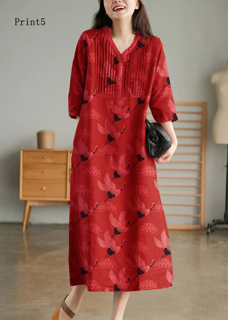 Blue Print10 Loose Linen Long Dresses Button Solid Half Sleeve