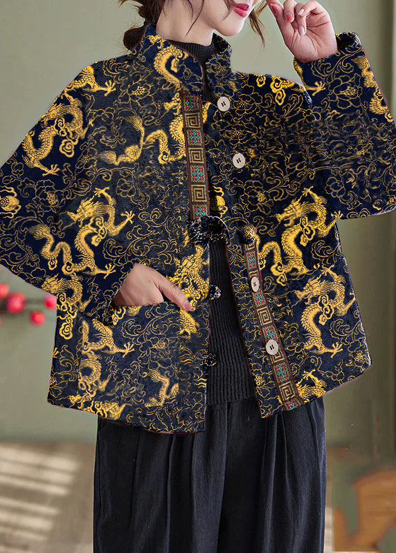 Elegant White-Crane Print Pockets Cotton Filled Parka Winter
