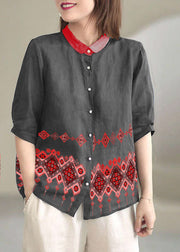 Beautiful Grey flower Peter Pan Collar Button Loose Fall Half Sleeve Shirt Tops