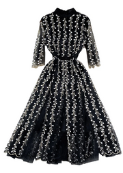 Grace Black O-Neck Embroideried Tulle Patchwork Tunic Long Dress Half Sleeve