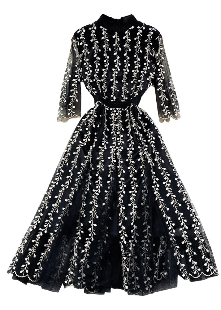 Grace Black O-Neck Embroideried Tulle Patchwork Tunic Long Dress Half Sleeve