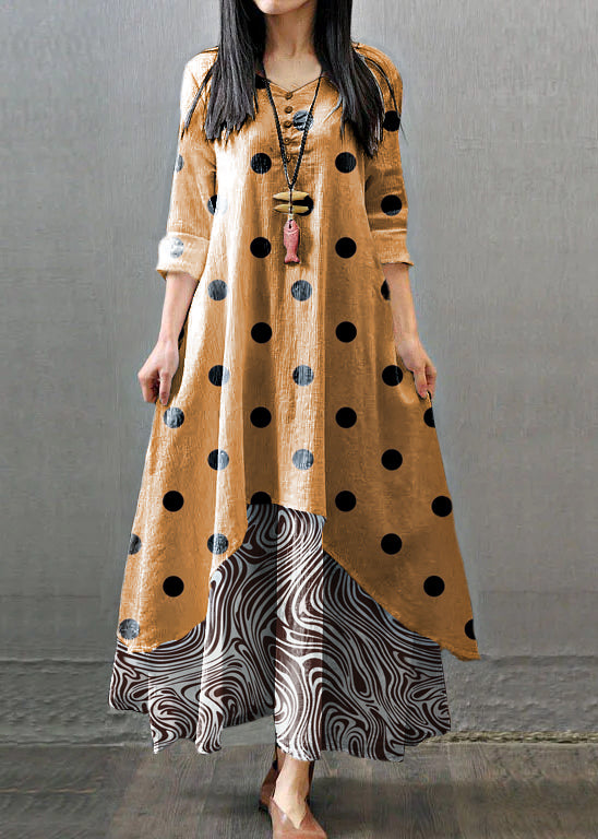 Women Long Sleeve Double Layers Button Asymmetric Vintage Maxi Dress