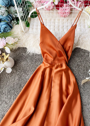 Grace Orange V Neck Patchwork Silk Slip Maxi Dress Summer