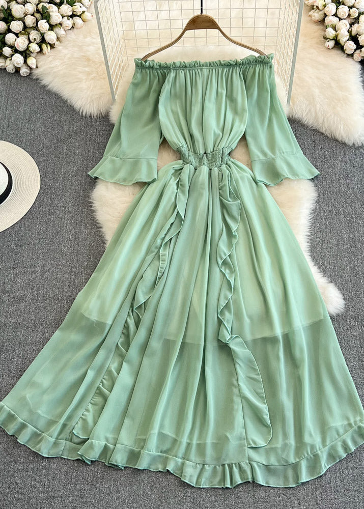 Grace Blue Slash Neck Ruffled Tunic Chiffon Long Dress Half Sleeve