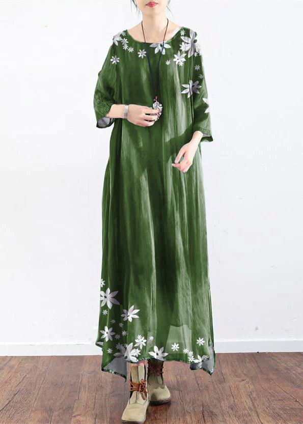 the sea blue print silk dresses plus size causal long silk caftans oversize gowns bracelet sleeves