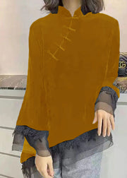 Vintage Yellow Stand Collar Asymmetrical Patchwork Velour Shirt Spring