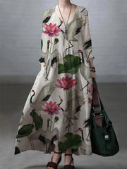 Ivory-purple flowerSimple and Loose V-neck Cotton and Linen Dress