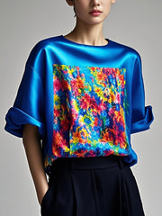 Fitted Blue color scheme Patchwork silk Tank Summer