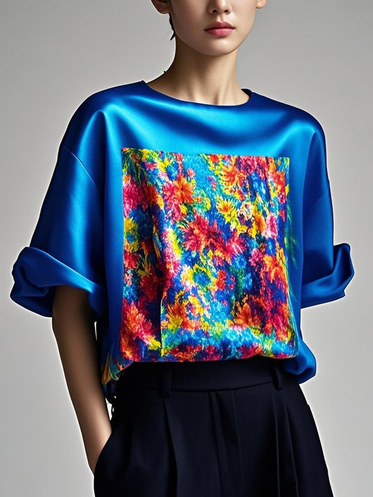 Fitted Blue color scheme Patchwork silk Tank Summer