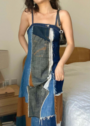 Unique Blue Asymmetrical Patchwork Denim Spaghetti Strap Dress Summer