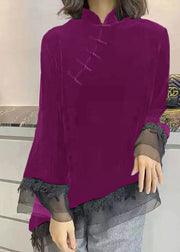 Vintage Yellow Stand Collar Asymmetrical Patchwork Velour Shirt Spring