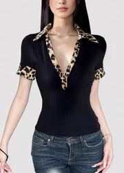 American Leopard Print Peter Pan Collar Patchwork Fake Two T-Shirt Summer