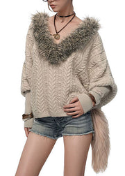 American Spicy Girl Bat Sleeve Fur Collar Patchwork Knitted Sweater