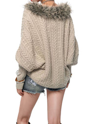 American Spicy Girl Bat Sleeve Fur Collar Patchwork Knitted Sweater