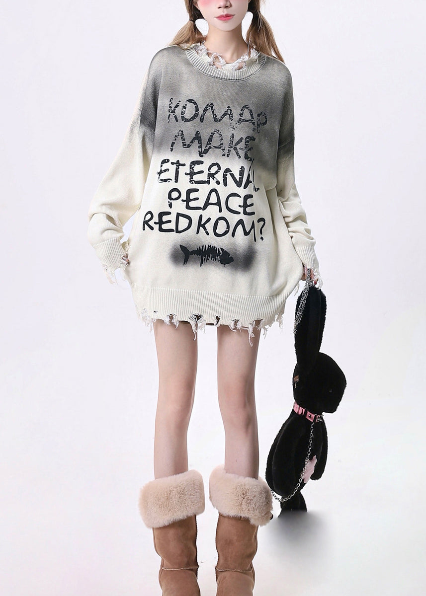 American Style Apricot Graphic Ripped Knit Sweaters Spring – SooLinen