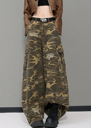 American Style Army Green Camouflage Pockets Denim Wide Leg Pants Fall