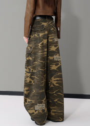 American Style Army Green Camouflage Pockets Denim Wide Leg Pants Fall