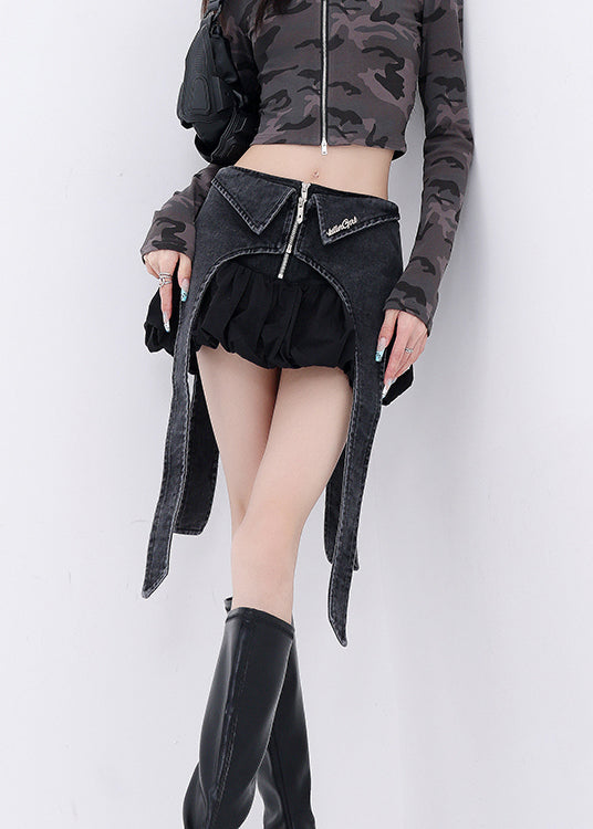 American Style Black Denim Patchwork Short Skirts Fall