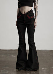 American Style Black Embroidered Pockets Cotton Flared Trousers Fall