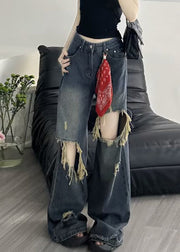 American Style Blue High Waist Ripped Denim Wide Leg Pants Fall