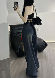 American Style Blue High Waist Ripped Denim Wide Leg Pants Fall