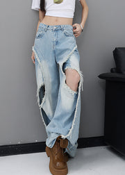 American Style Blue High Waist Ripped Jeans Fall