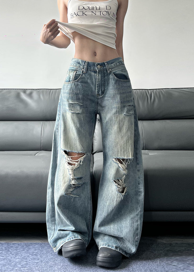 American Style Blue Pockets Denim Ripped Wide Leg Pants Fall