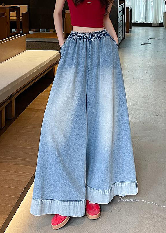 American Style Blue Pockets Denim Wide Leg Pants Fall