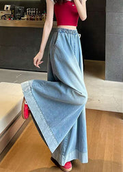 American Style Blue Pockets Denim Wide Leg Pants Fall