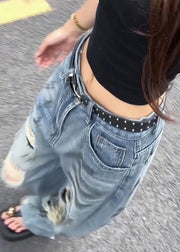 American Style Blue Pockets Ripped Jeans Fall