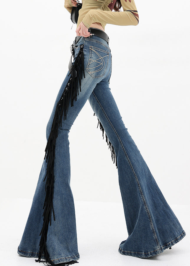 American Style Blue Tassel Denim Flared Trousers Fall
