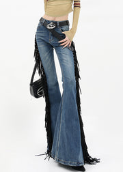 American Style Blue Tassel Denim Flared Trousers Fall