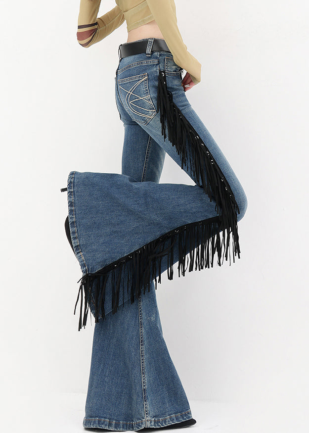 American Style Blue Tassel Denim Flared Trousers Fall