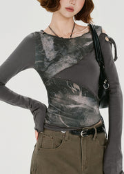 American Style Grey False Two Pieces Patchwork Cotton T Shirt Fall