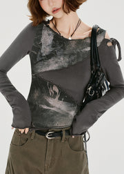 American Style Grey False Two Pieces Patchwork Cotton T Shirt Fall