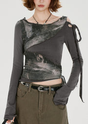 American Style Grey False Two Pieces Patchwork Cotton T Shirt Fall