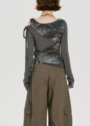 American Style Grey False Two Pieces Patchwork Cotton T Shirt Fall