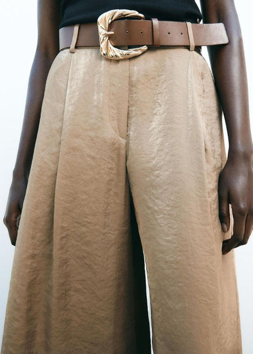 American Style Light Brown High Waist Silk Wide Leg Pants Summer