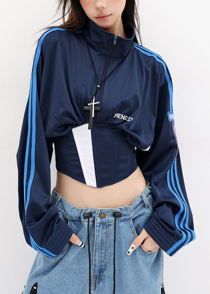 American Style Navy Stand Collar Lace Up Short Coat Fall