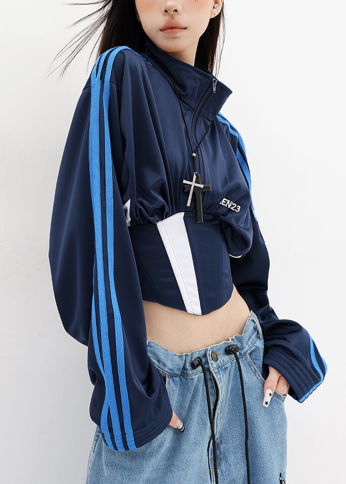 American Style Navy Stand Collar Lace Up Short Coat Fall