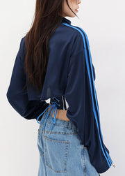American Style Navy Stand Collar Lace Up Short Coat Fall