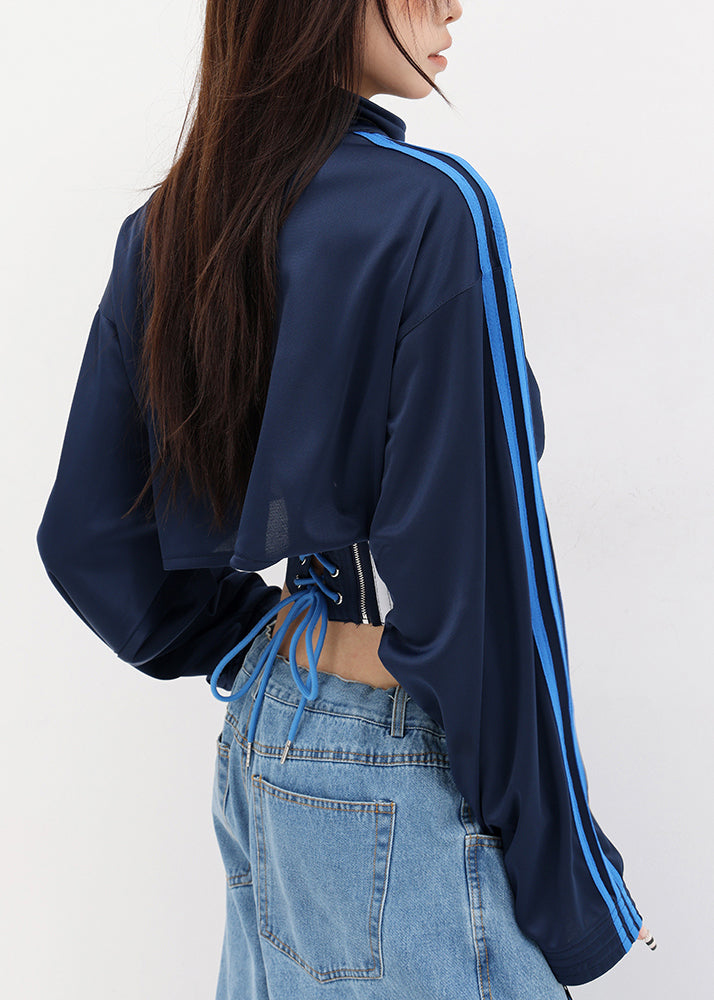 American Style Navy Stand Collar Lace Up Short Coat Fall