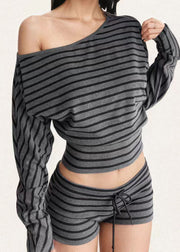 American Style Striped T-Shirt Top And Shorts Two-Piece Set Autumn
